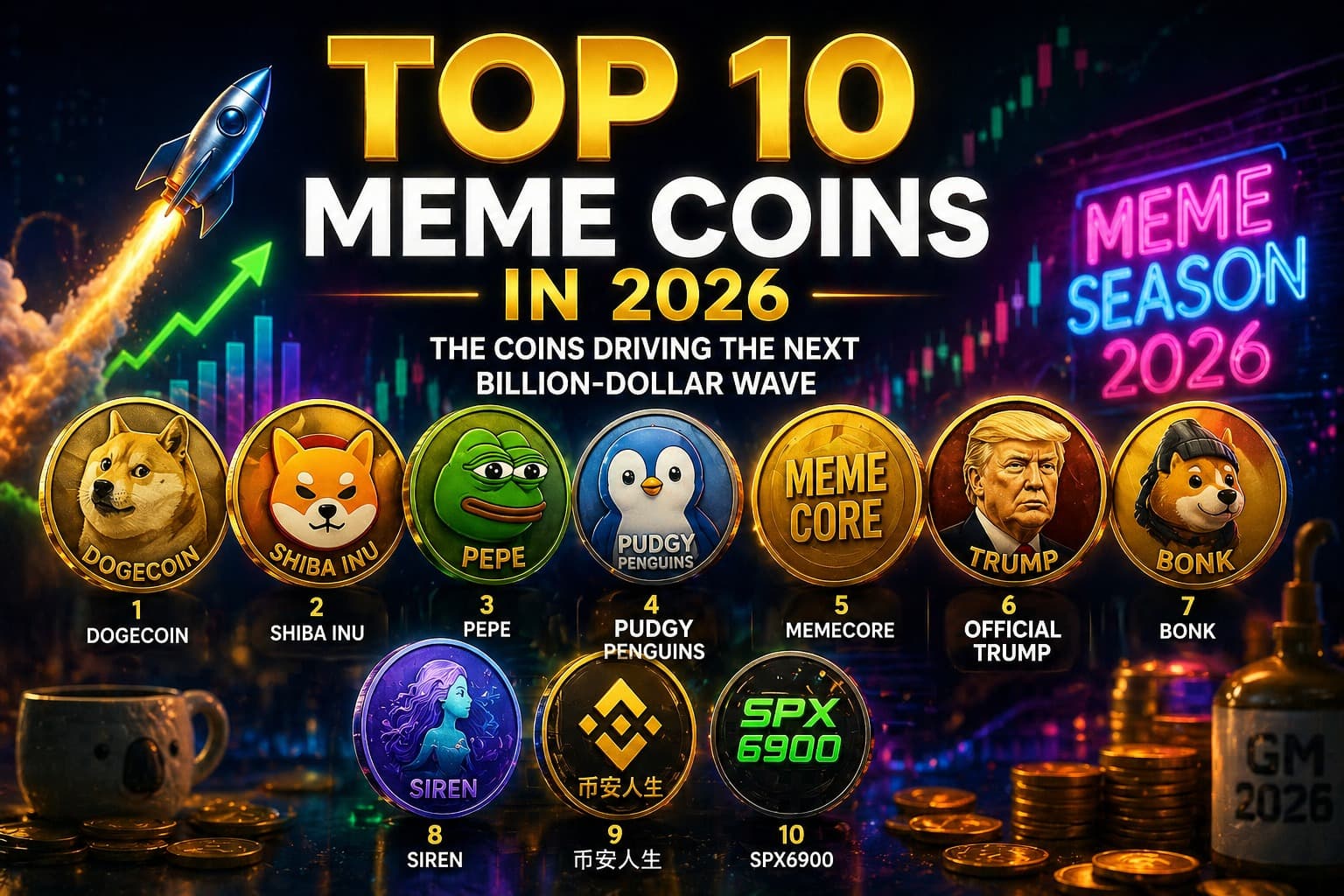 Cover for Top 10 Meme Coins in 2026: Dogecoin Leads as New Rivals Compete for Attention