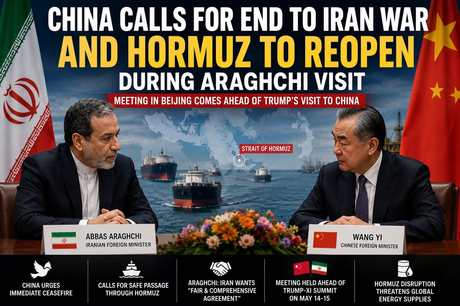 Cover for China calls for Iran war to end and Hormuz to reopen as Araghchi visits Beijing